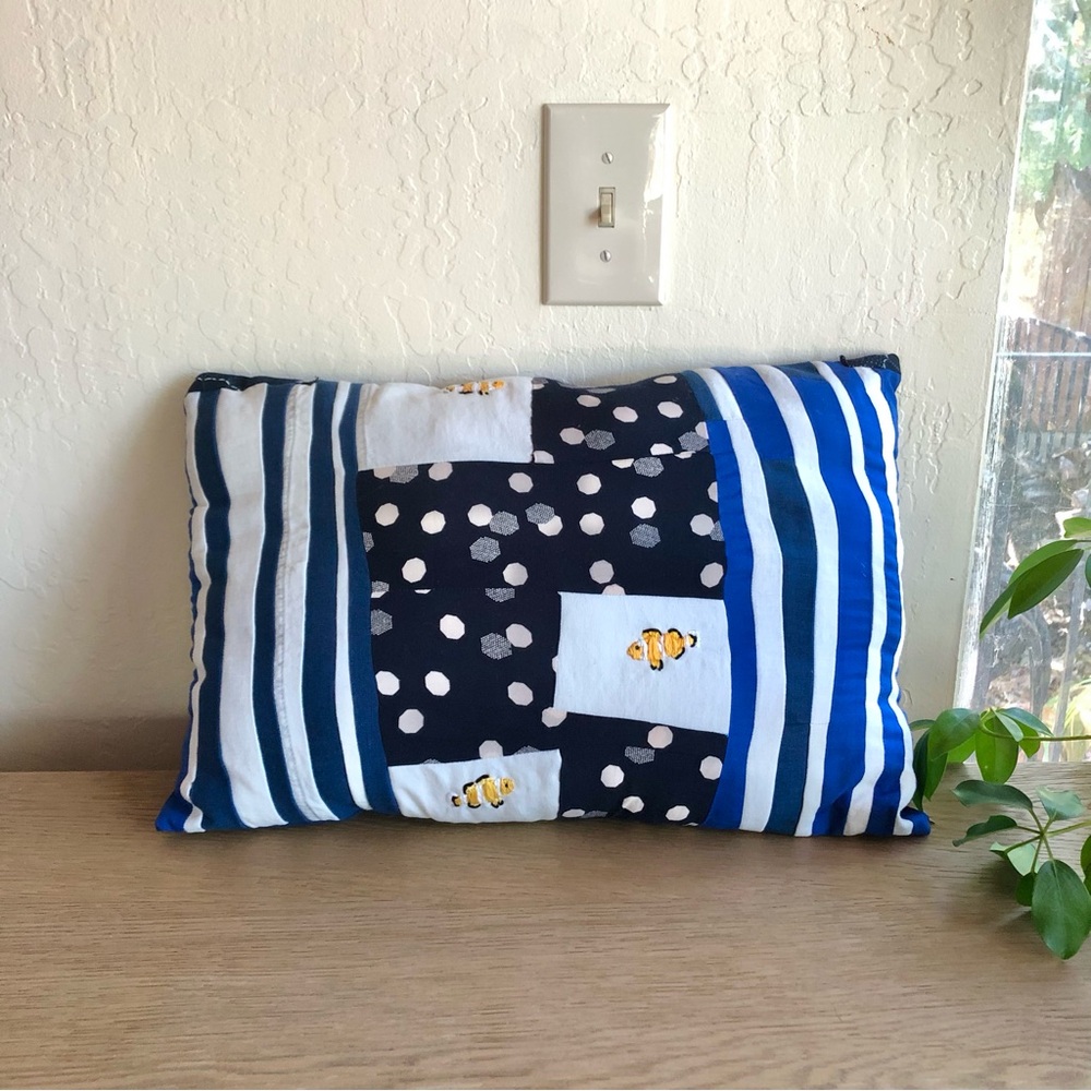 Handmade Embroidered Nautical Clown Fish Navy Blue Accent Pillow